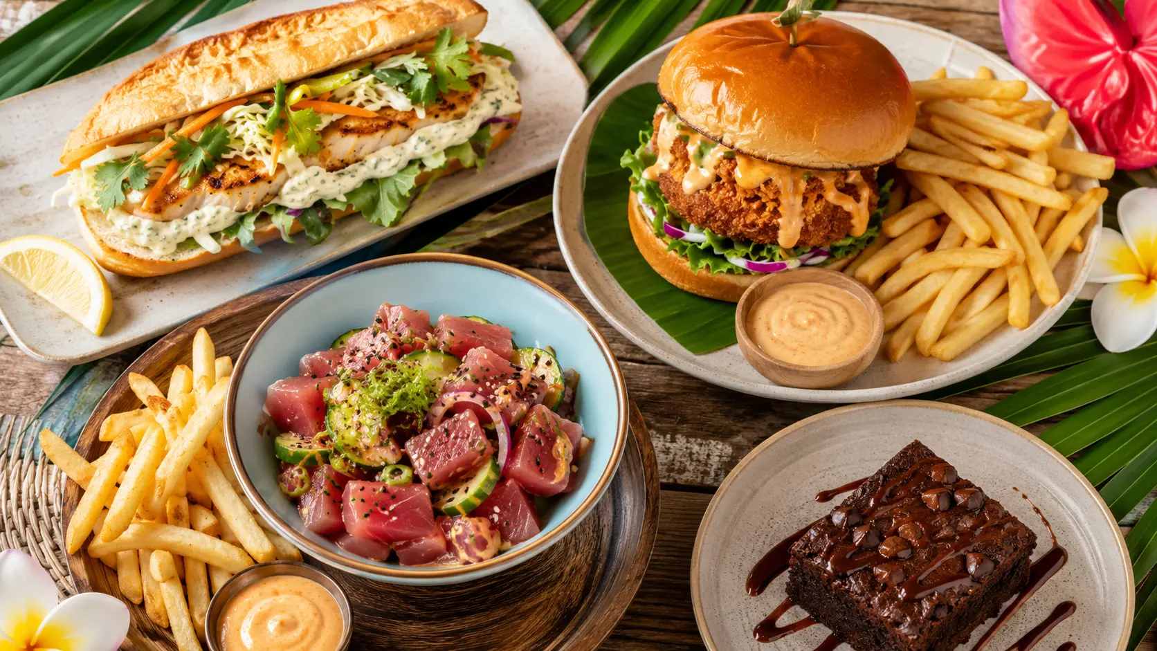 Sélection gourmande du Best Foods Truck Tour : sandwich au poisson, burger croustillant, accompagnements et brownie